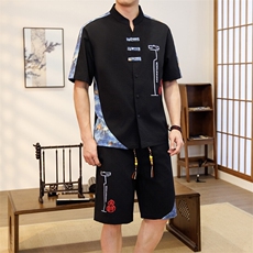 潮风套装男新中式短袖衬衫时尚休闲短裤两件套JZ306-P58，男装牛仔裤，星座310B-3
