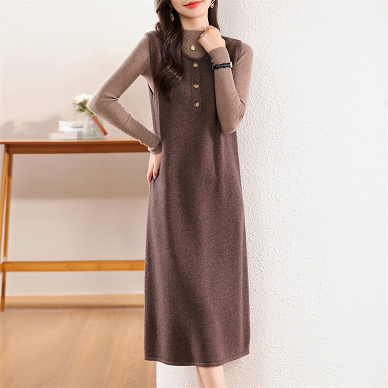 羊毛背心裙女2024秋冬新款圆领三扣针织长马甲裙无袖连衣裙，女装连衣裙，江南羊绒