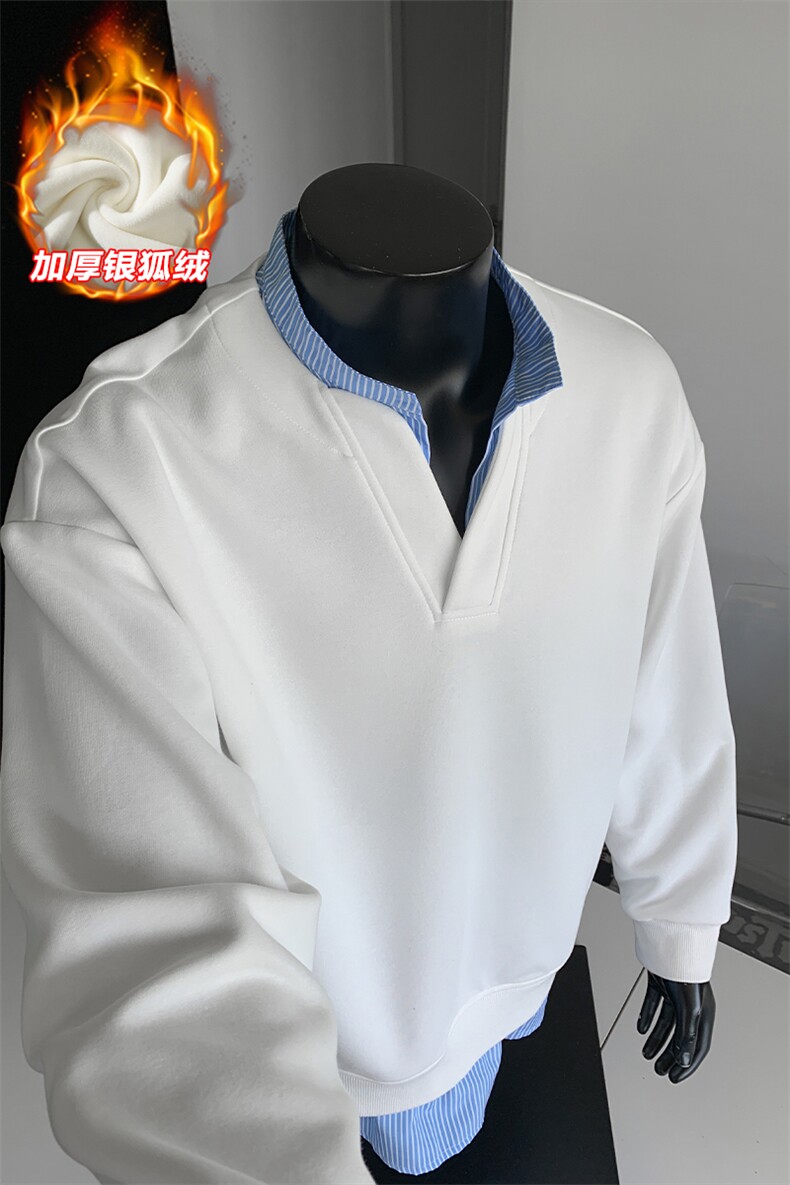 重磅华棉420g条纹V领假两件银狐绒宽松卫衣W5431J加绒-特P50控98,男装卫衣,电商A001