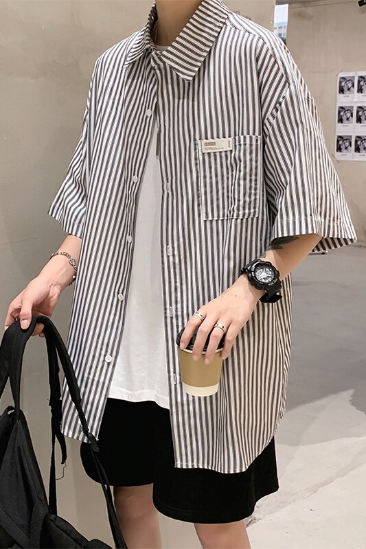 夏季韩版潮流百搭情侣条纹衬衫帅气休闲长袖男士衬衣CC06P40,男装衬衫,电商D321A