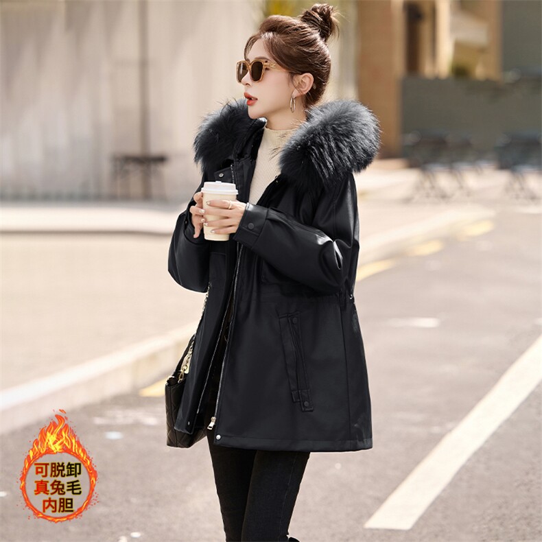 可脱卸真兔毛内胆派克服皮衣女24年冬新款韩版赫本风真毛领皮外套,女装皮草,美拉德工厂直营店