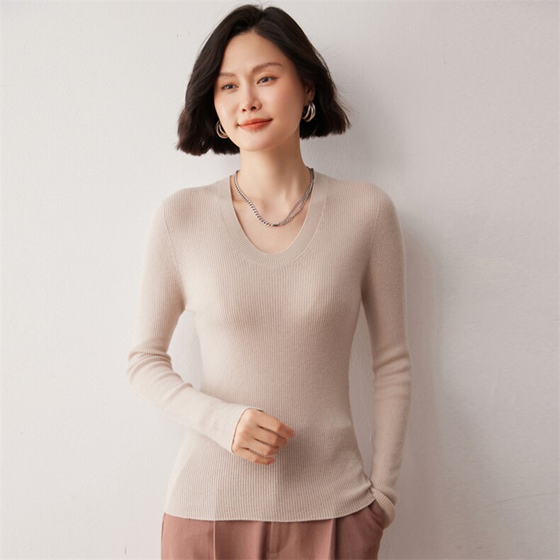 秋冬新款洋气时尚百搭显瘦女款精纺一线成衣U领35%羊绒衫,女装羊绒衫,艾巧羊绒