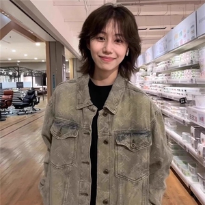 满印印花水洗牛仔外套春秋款男美式复古hiphop工装夹克高级感上衣图片