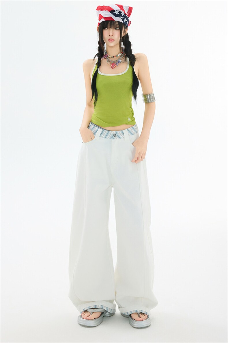 白色条纹拼接阔腿牛仔裤男女2026夏季宽松垂感拖地裤YD9025-P60,男装牛仔裤,星座509