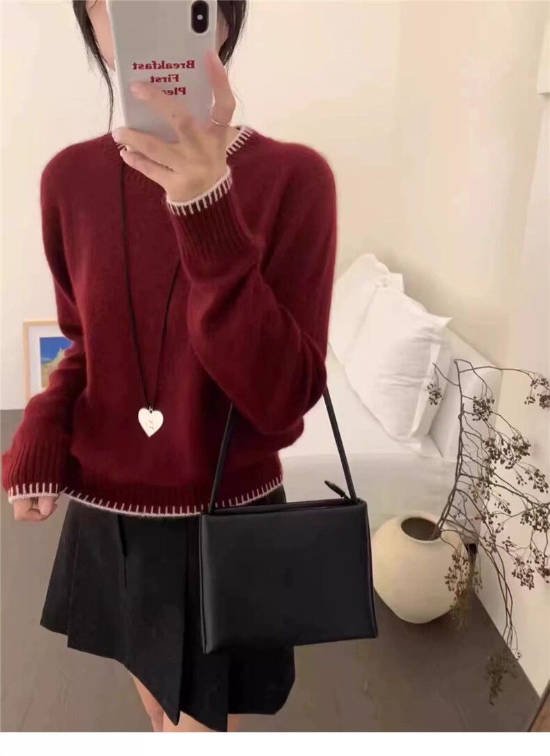 拼色圆领100羊毛衫女冬季新款软糯欧货高端针织打底毛衣百搭,女装羊毛衫,美轩羊绒
