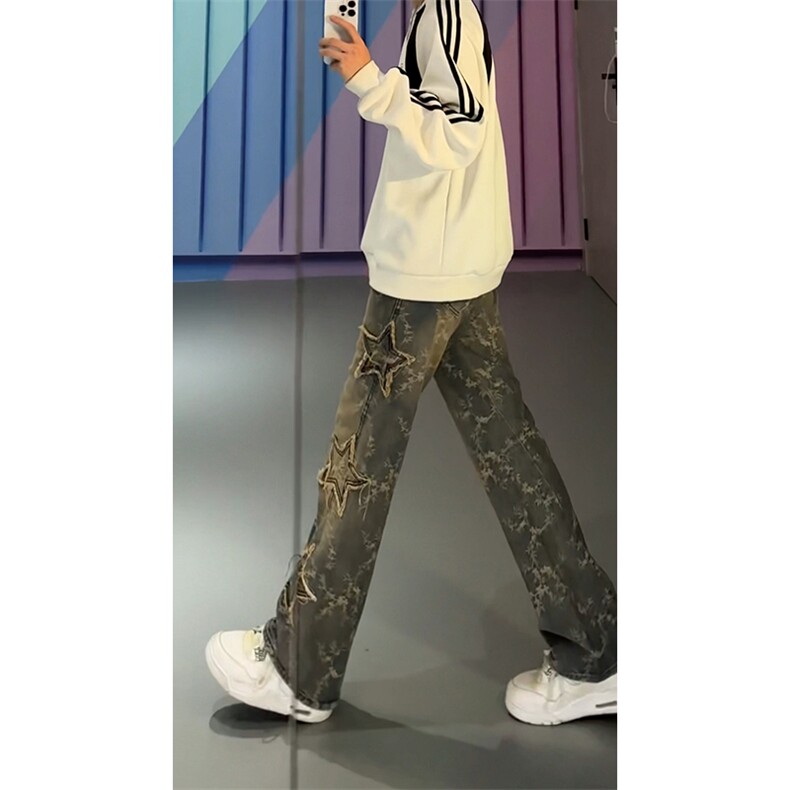 B221美式ins高街小众五角星提花直筒牛仔裤LK24378-特P58控98,男装牛仔裤,电商B221
