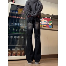 网图美式复古闪电纹牛仔裤高街弯刀直筒微喇裤子A025-YN1065-P42，男装牛仔裤，电商A025