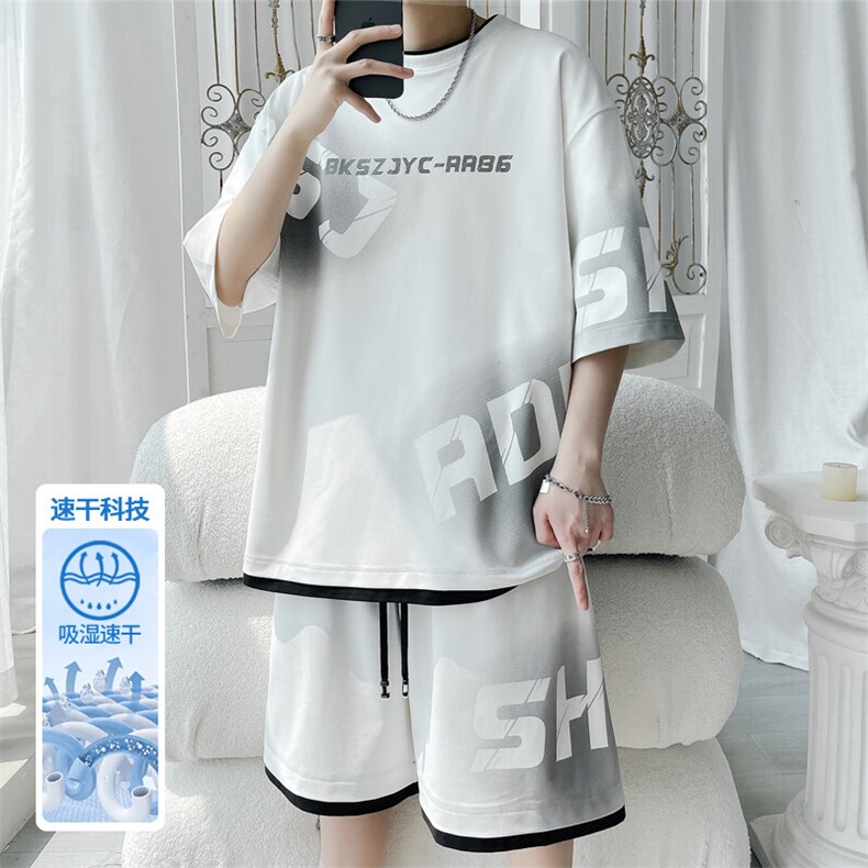 2025夏季新款旋律风车大码假两件冰丝套装M-5XHQ25443-P65，男装休闲套装，电商A022