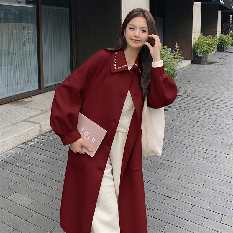 高级感双面羊毛呢子大衣女钉珠红色小香风休闲中长款韩系毛呢外套，女装双面呢大衣，丝露怡语