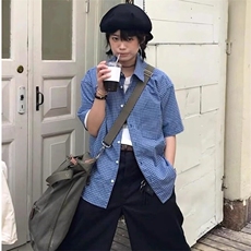 【现货】DB419-P37美式复古蓝色格子廓形短袖衬衫男夏季松弛感，男装T恤，星座603-2