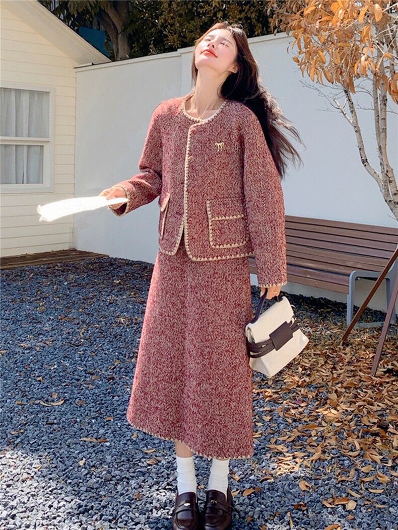 小香风套装裙女冬高级感红色毛呢外套半裙两件套,女装套装/套裙,浙宝B116