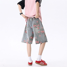 美式复古高街花卉牛仔五分裤男款夏季高级感XZ201-339P42，男装牛仔裤，星座201