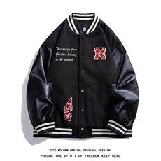 白底2024秋季潮牌字母印花pu皮翻领棒球服夹克外套G642P85控108，男装夹克，电商A247-1