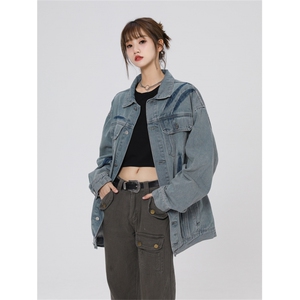 潮牌美式复古撞色图鸦情侣棒球服牛仔外套221-1-JK2310-P90控128图片