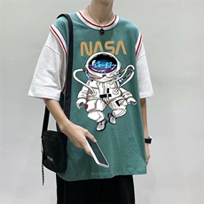 复古宇航员t恤男夏宽松假两件袖潮牌百搭港风ins上衣T684-P28，男装T恤，星座512-2