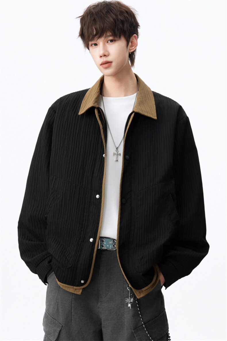 撞色假两件翻领夹克男2026春季宽松复古休闲外套潮J2606P85控118,男装夹克,电商A157