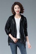 2020冬季新款针织连帽拼接皮衣外套，女装短外套，余墨