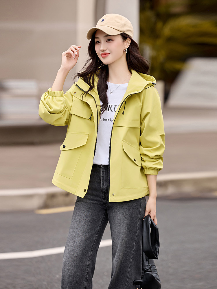 黄连帽短外套女2025秋季新款大口袋宽松显瘦休闲短款夹克外套,女装短外套,诺蝶