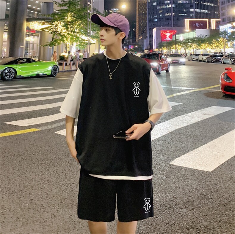 华夫格套装潮流休闲短袖短裤两件套FTZ2298-P55控78,男装休闲套装,电商B370