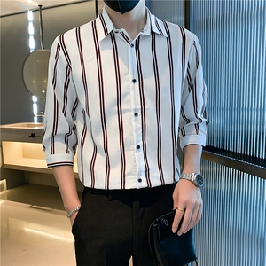 条纹七分袖衬衣新品轻熟风男装韩版修身高级感衬衫男士C156-1-2图片
