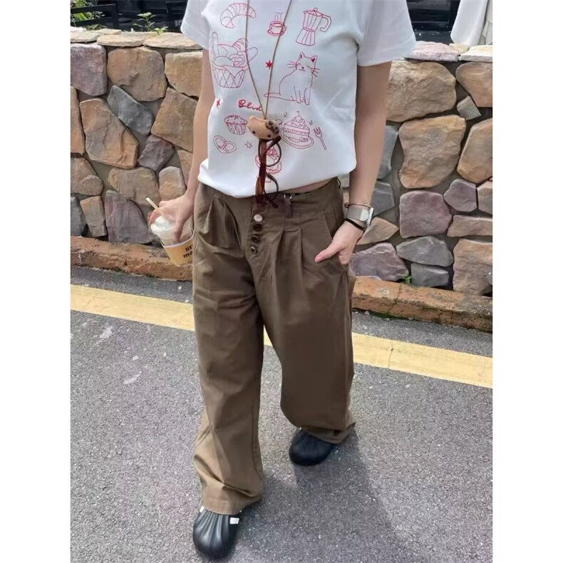 美式高街复古纽扣设计感简约休闲裤男女宽松直筒百搭阔腿长裤,男装休闲裤,星座506A