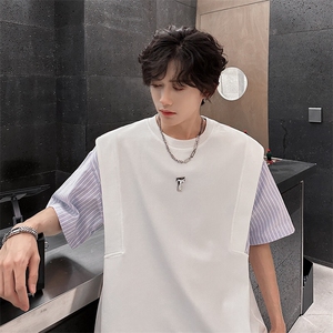 假两件夏季撞色拼接短袖 300克重磅圆领美式潮牌T恤915 P45图片