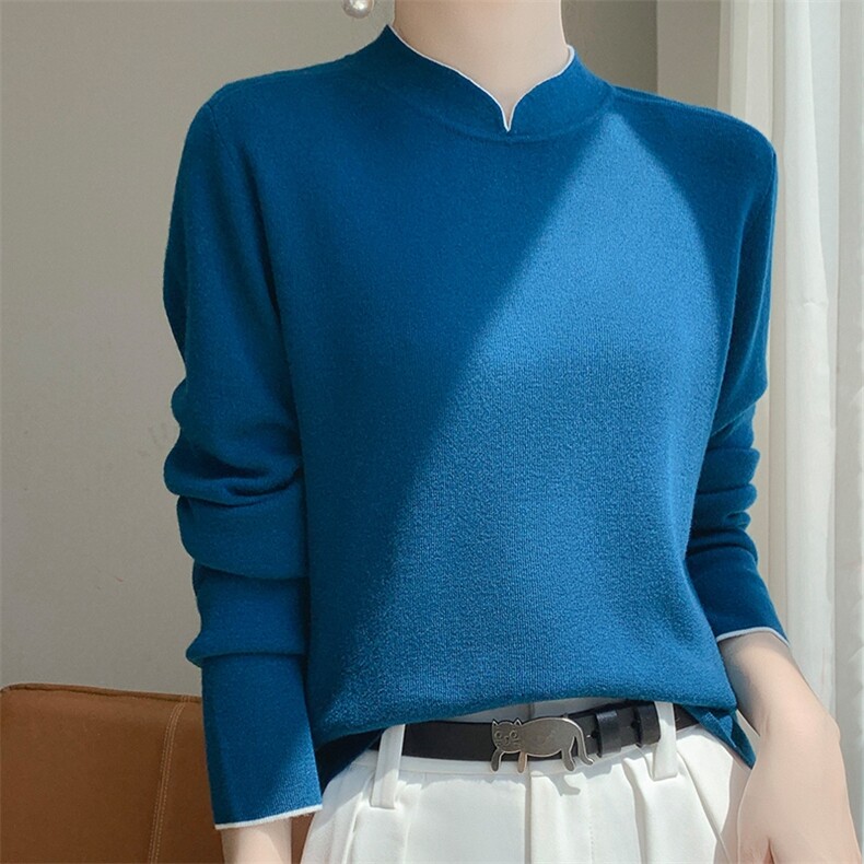 2025时尚百搭抽条旗袍领子针织衫，女装针织衫/毛衣，暖烁羊绒