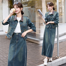 潮牌复古时尚牛仔套装女2024春秋新款洋气炸街短外套阔腿裤两件套，女装套装/套裙，潮流依族