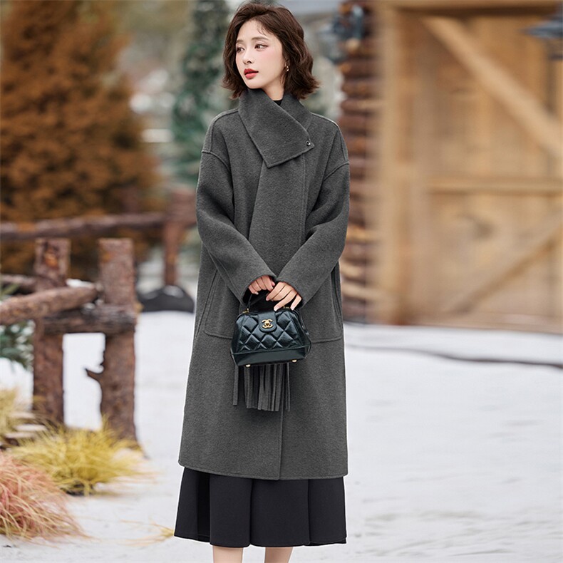 本命年红色围巾款羊绒大衣女2024新款高级感中长款小个子毛呢外套,女装双面呢大衣,魅丽静蓝
