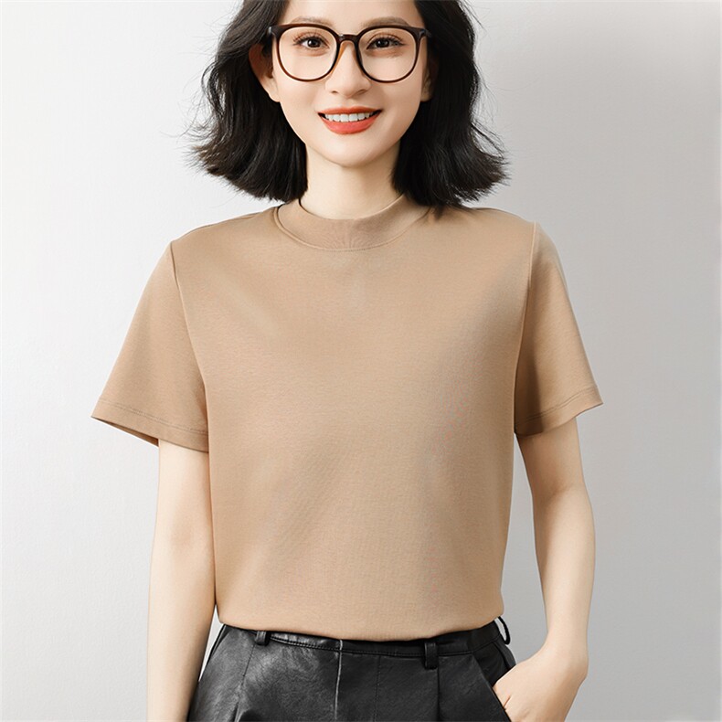 简约风液氨纯棉短袖T恤女2025新款宽松显瘦正肩t恤立领半袖打底衫,女装T恤,元素羊绒