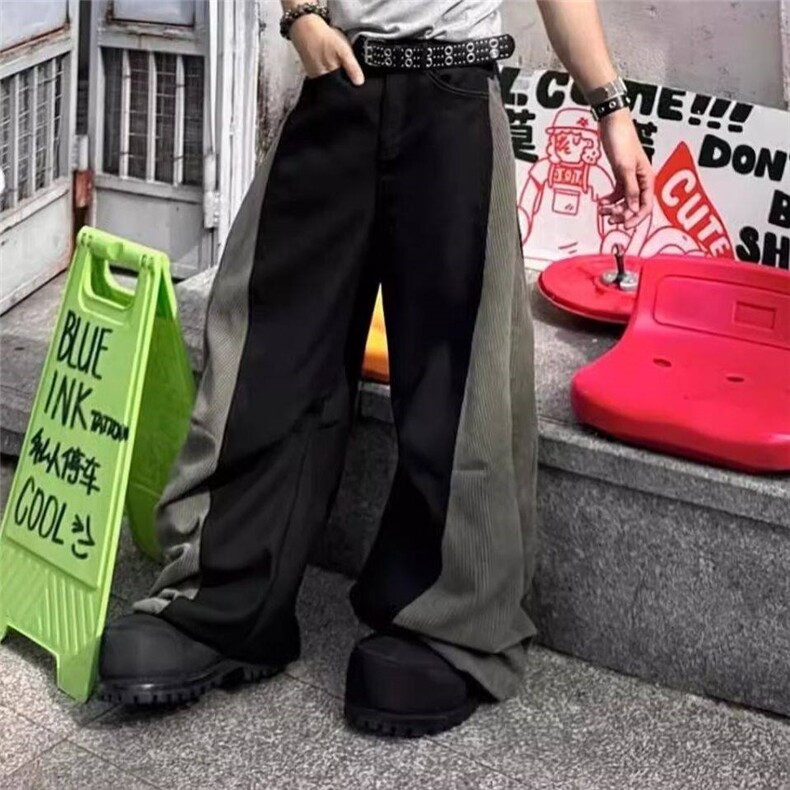 美式设计款拼接拼色弯刀阔腿直筒休闲裤男宽松西裤长裤QL6066-P58图片