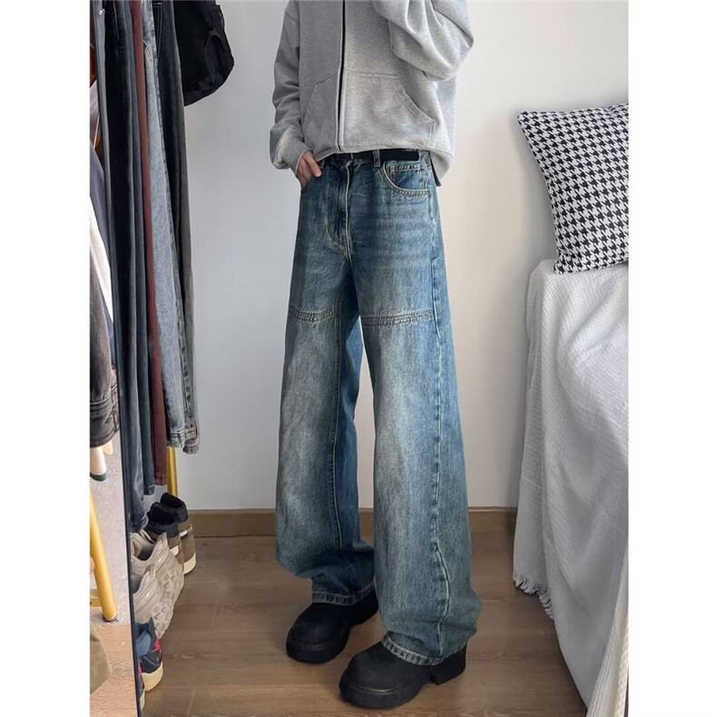 秋季新款高街轻工装结构拼接线显腿长美式复古宽松牛仔裤XK8097,男装牛仔裤,星座506