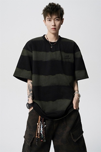 8XL-M 高品质纯棉扎染条纹短袖T恤男宽松美式复古半袖情侣DX339图片