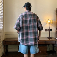 2026夏宽松潮男休闲五分袖衬衫半袖格子衬衣C600/P35粉色2，男装衬衫，电商A094