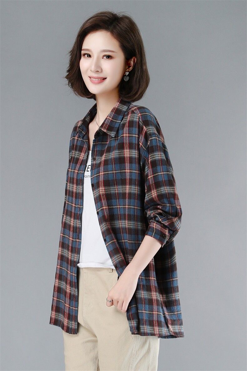 长期大货现货，秋春装新款格子衬衫女长袖棉外套宽松显瘦上衣女,女装衬衫,涵誉