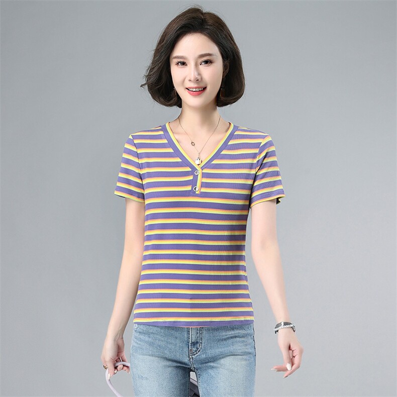2023夏装新款条纹短袖T恤女V领修身弹力款，女装T恤，伊满意