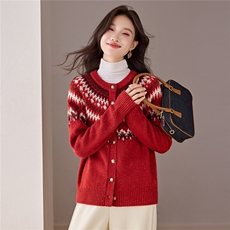费尔岛提花红色针织开衫女秋冬2025新款慵懒高级感全羊毛毛衣外套，女装羊毛衫，艾米