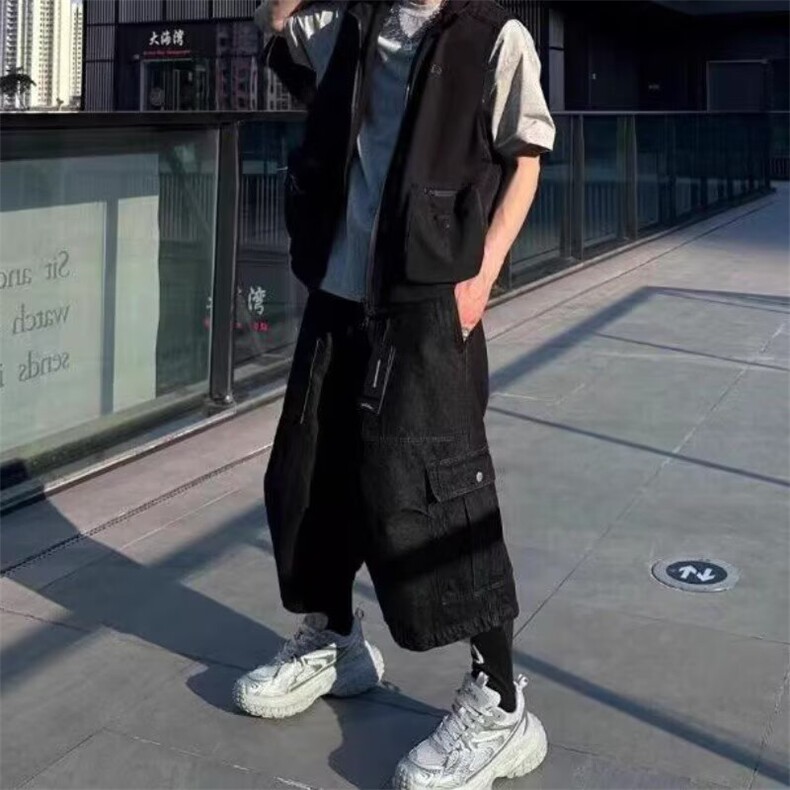 美式街头多口袋工装设计牛仔短裤男休闲cleanfit直筒阔腿七分中裤,男装牛仔裤,星座506A