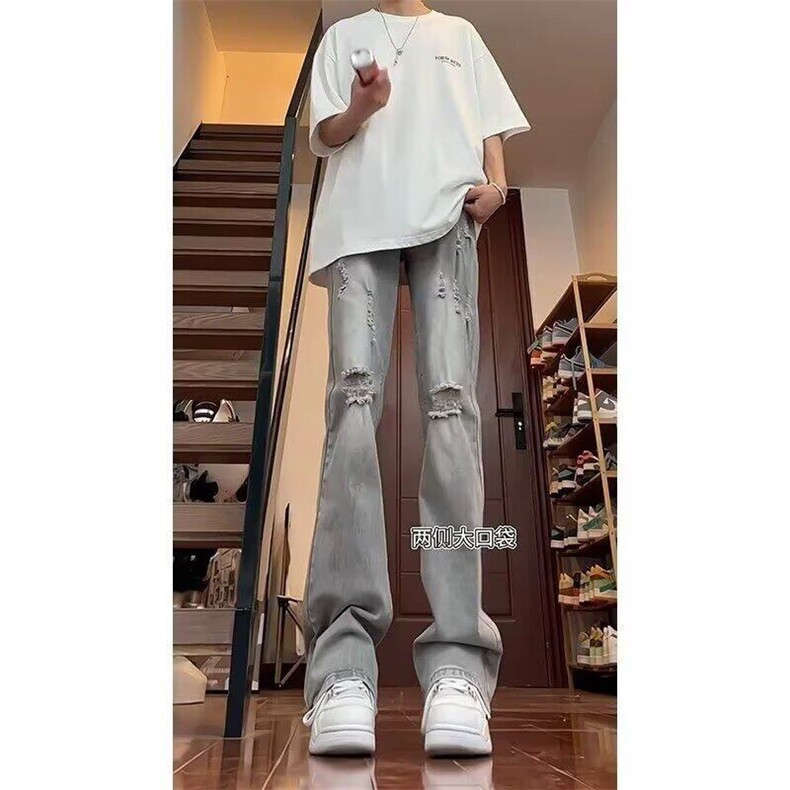 美式高街修身版型阔腿水泥灰微喇牛仔裤男款微弹显高水洗做旧裤子,男装牛仔裤,星座218-1（原230）