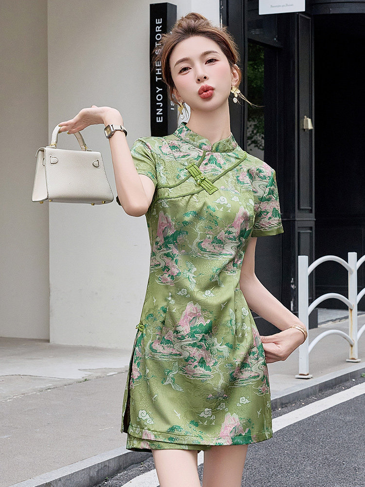 高考绿色旗袍旗开得胜中考送考女改良版套装年轻家长妈妈陪考衣服,女装套装/套裙,众宇琦