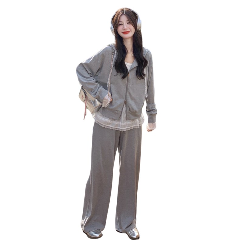 灰色休闲蕾丝拼接连帽卫衣套装裤女2025秋季日系减龄高级感两件套,女装套装/套裙,2C168