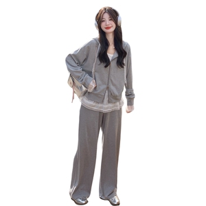 灰色休闲蕾丝拼接连帽卫衣套装裤女2025秋季日系减龄高级感两件套图片