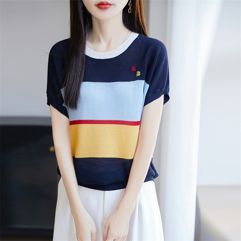 拼色圆领莱赛尔天丝针织短袖T恤女夏季刺绣薄款上衣宽松打底半袖，女装针织衫/毛衣，唐诺