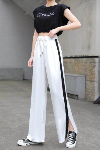 拼接撞色醋酸拖地裤，女装，哈真