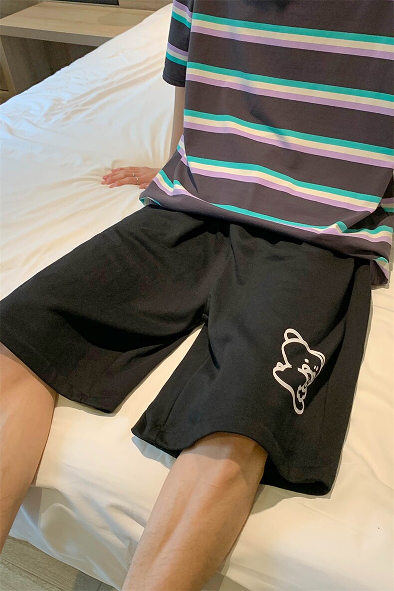 港风直筒小熊印花宽松休闲短裤男松紧腰运动裤D201-DM31-P30,男装牛仔裤,电商D321-1