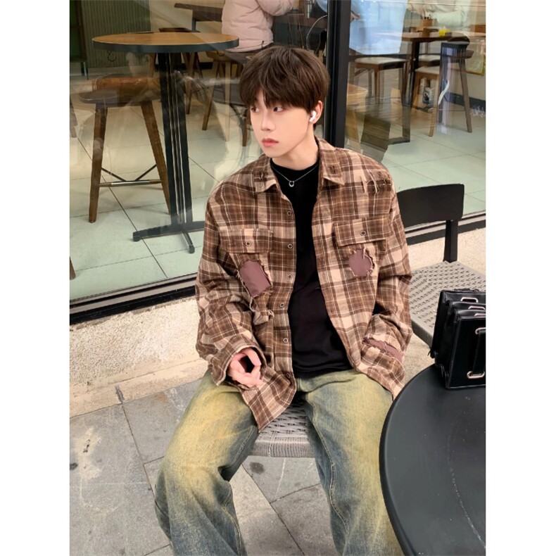 【网图】咖色格子贴布衬衫男长袖美式复古设计感衬衣C49WW-特P55,男装衬衫,星座1007（原301D）