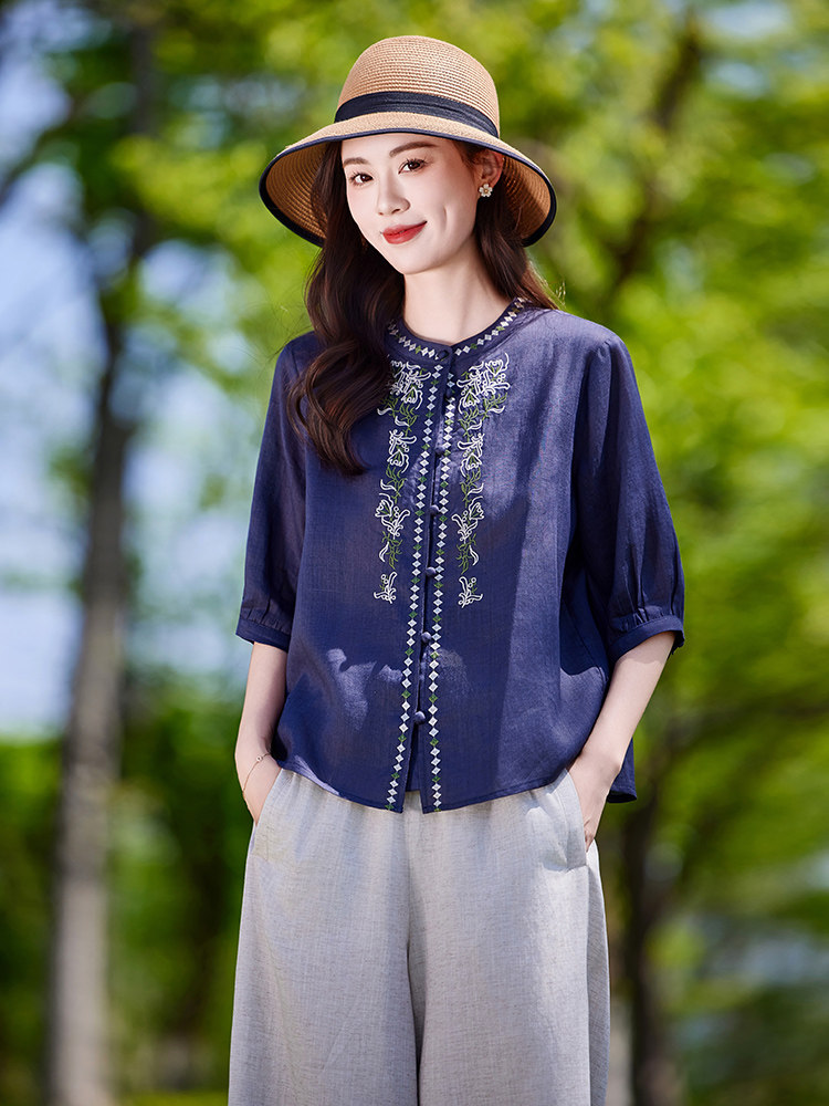 新中式国风套装女2025夏季新款时尚洋气薄款休闲天丝短袖衬衫套装,女装套装/套裙,靓衣阁