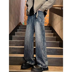 W9638-P48网图现货冰裂纹牛仔裤潮流街头宽松直筒时尚长裤裤，男装牛仔裤，星座1608-2