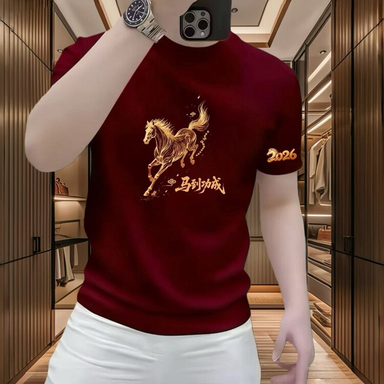 短袖男款2026新款夏季修身印花t恤时尚休闲百搭男士半袖上衣,男装T恤,星座218-8