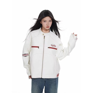 GP100-P60美式短款赛车服pu皮刺绣外套,黑双面绒大衣搭配短款图片